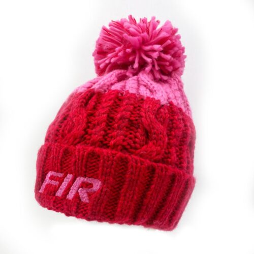 PINK FIR TEXT- PINK/RED BOBBLE HAT – ONE SIZE