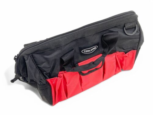 TOOL BAG 16″ 28 POCKETS HARD BASE NYLON RED AND BLACK – TOOLZONE KDPTB017