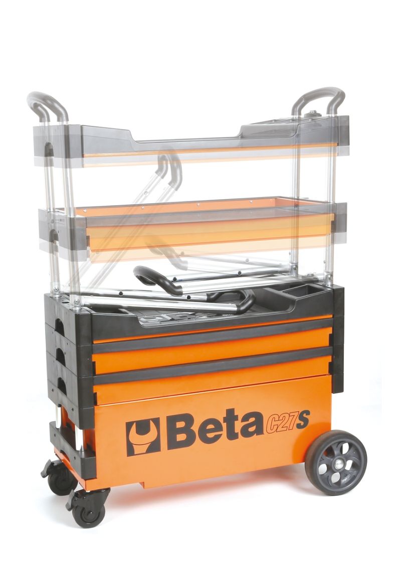 Folding Tool Trolley for Outdoor Jobs, 2 Drawers, 990x390x700mm, Centralized Lock, 160mm Fixed Castors - Beta Tools C27S-O - Image 5