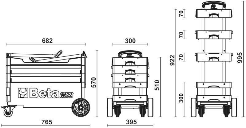 Folding Tool Trolley for Outdoor Jobs, 2 Drawers, 990x390x700mm, Centralized Lock, 160mm Fixed Castors - Beta Tools C27S-O - Image 7