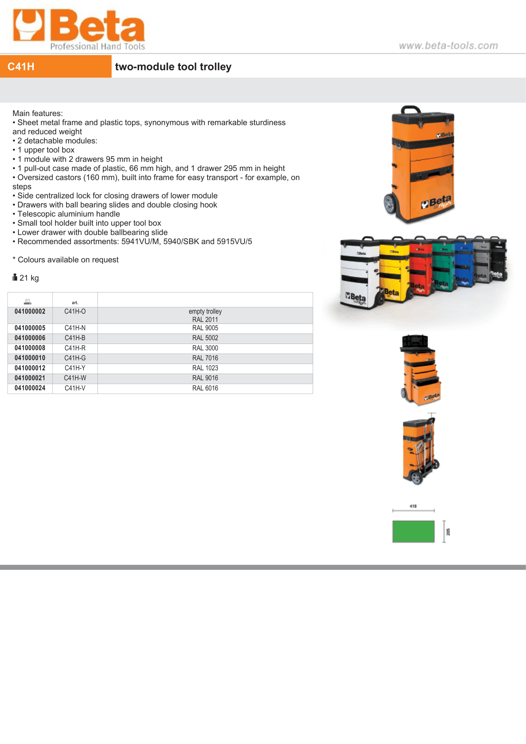 Two-Module Tool Trolley with Detachable Tool Box, Drawers, and Pull-Out Case - Beta Tools C41H-O