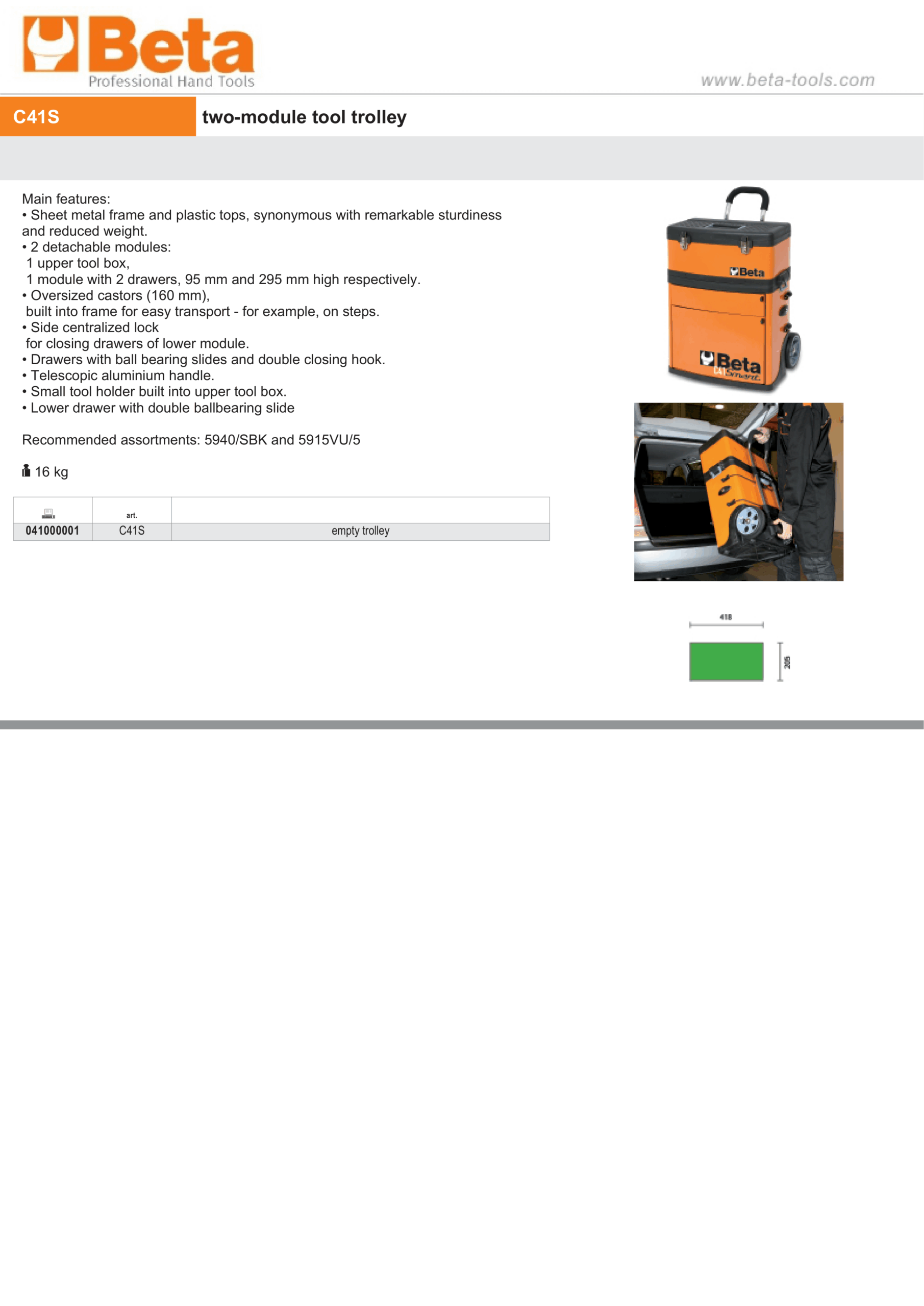 Two-Module Tool Trolley with Detachable Tool Box and Drawers - Beta Tools C41S - Image 4