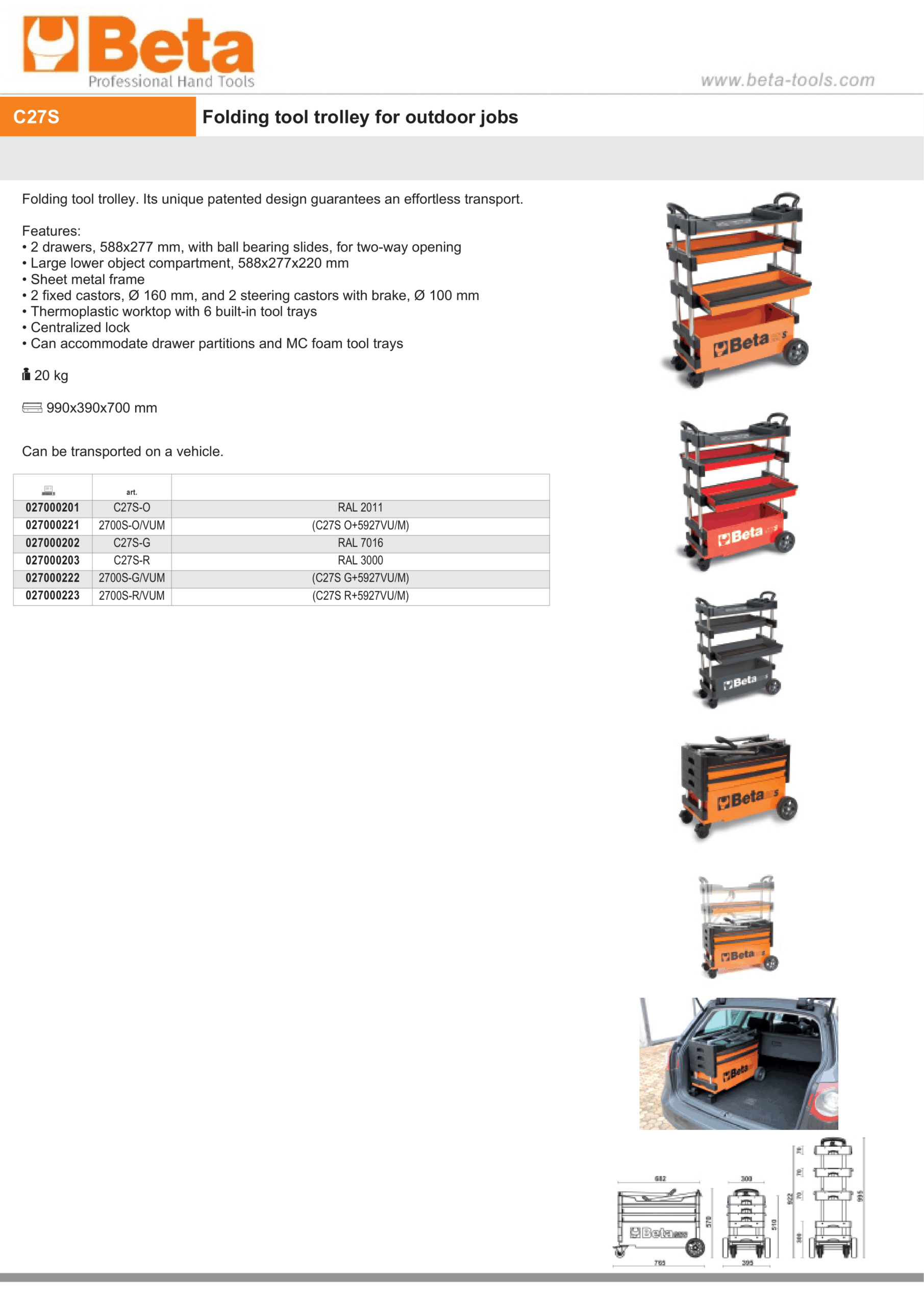 Folding Tool Trolley for Outdoor Jobs, 2 Drawers, 990x390x700mm, Centralized Lock, 160mm Fixed Castors - Beta Tools C27S-O - Image 9
