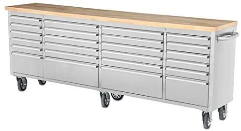 96″ Brushed Stainless Steel 24 Drawer Tool Chest Solid Wooden Top