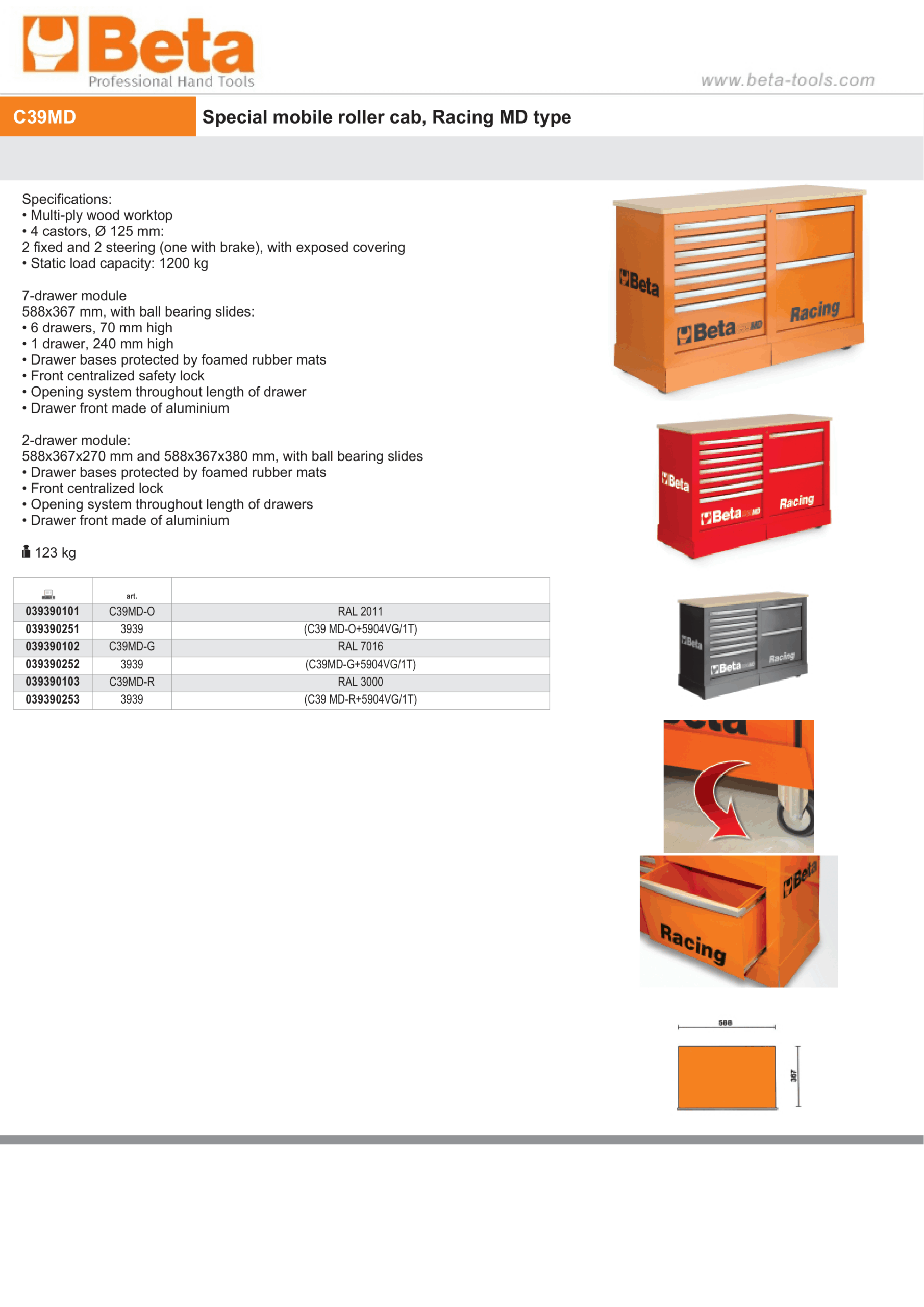 Special Mobile Roller Cabinet Racing MD Type with 7-Drawer and 2-Drawer Modules - Beta Tools C39MD-R - Image 7