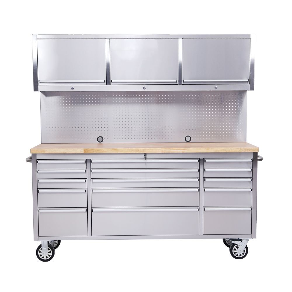 72" Stainless Steel 15 Drawer Tool Chest with Solid Wooden Top, 3 Upper Cabinets and Peg Board - Image 2