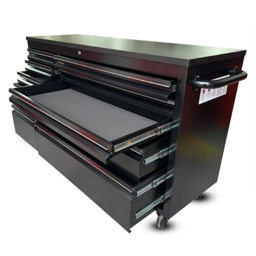 55″ Powder Coated Black Steel Tool Chest Box 10 Drawers Solid Rubber Top