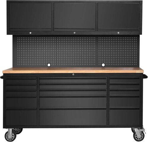 72″ Matte Black Steel 15 Drawer Tool Chest with Solid Wooden Top, 3 Upper Cabinets and Peg Board