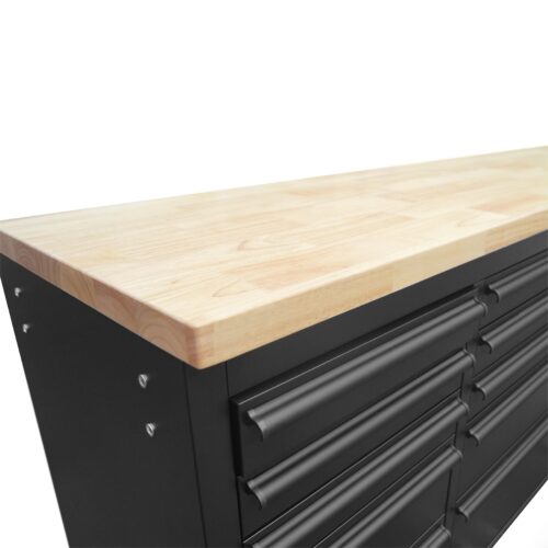 72″ Powder Coated Matte Black Steel Tool Chest Box 15 Drawers Solid Wooden Top