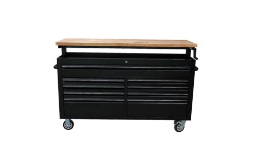 61″ Black Powder Coated Steel 9 Drawer Tool Chest with Adjustable Height Solid Wooden Top