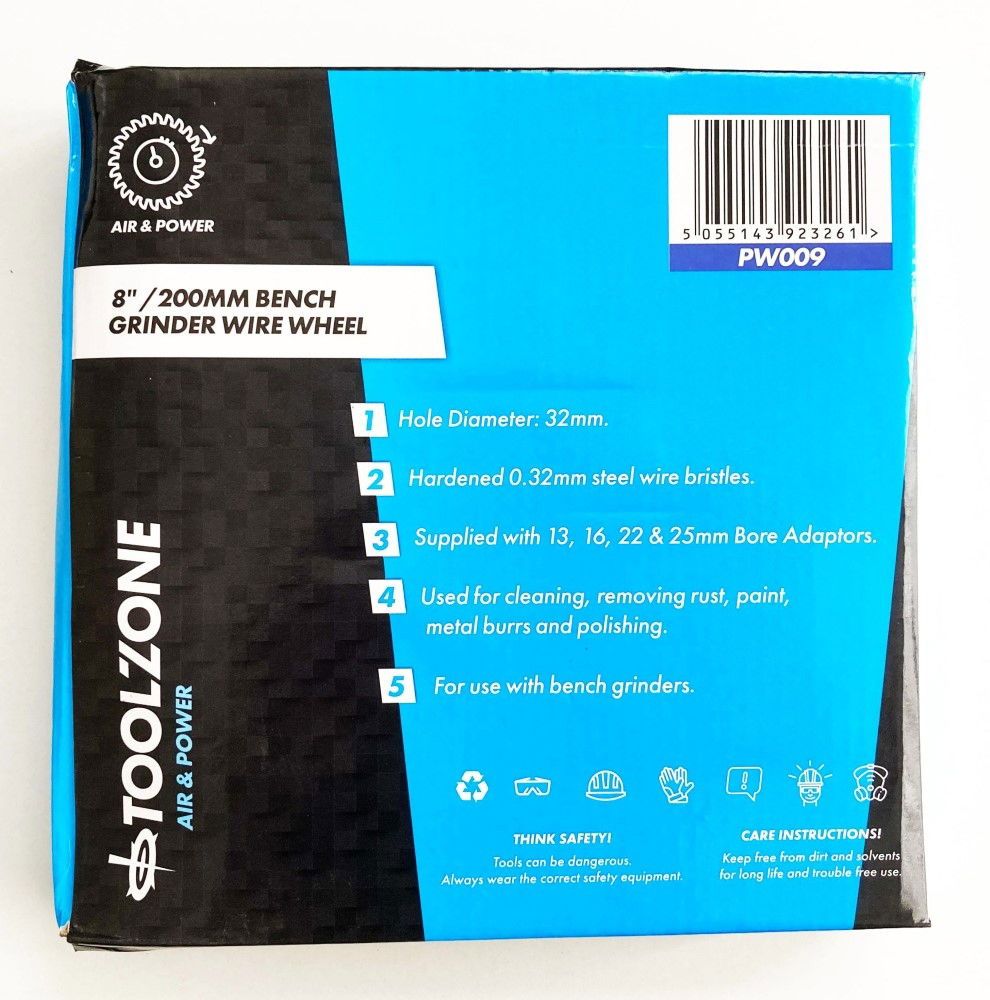 WIRE WHEEL 8" FOR BENCH GRINDER 32mm HOLE WITH BORE ADAPTORS - TOOLZONE KDPPW009 - Image 2