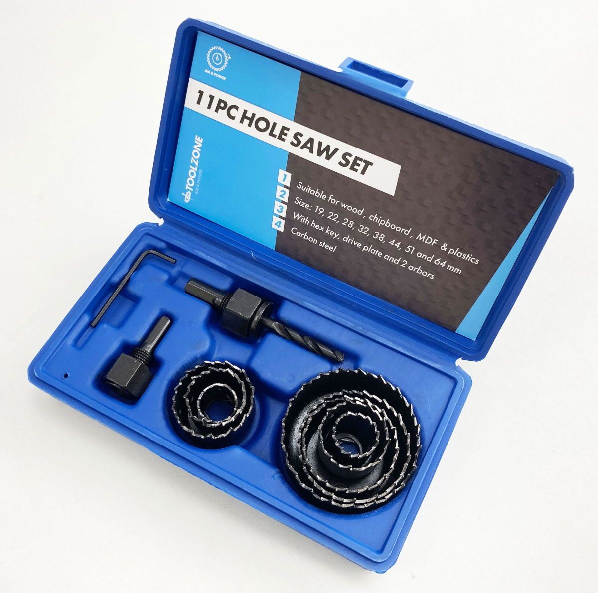 HOLE SAW SET 11pc CARBON STEEL SIZES 19-64mm - TOOLZONE KDPHS032