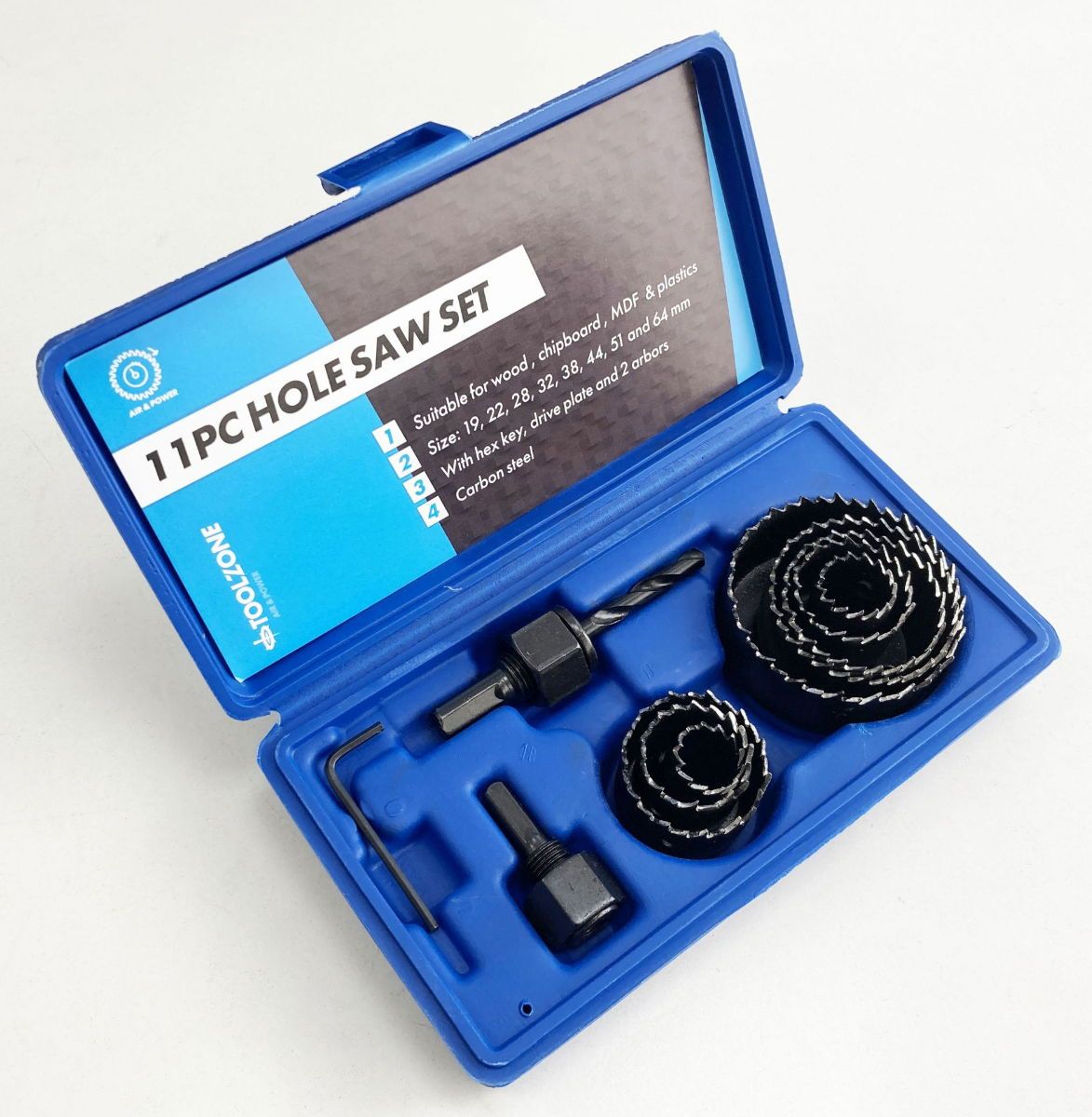 HOLE SAW SET 11pc CARBON STEEL SIZES 19-64mm - TOOLZONE KDPHS032 - Image 4