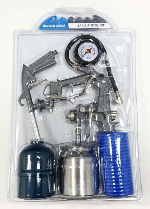 AIR TOOL KIT 5 PIECES WITH SPRAY GUN NOZZLES 1.5mm AND 1.7mm – TOOLZONE KDPAT034