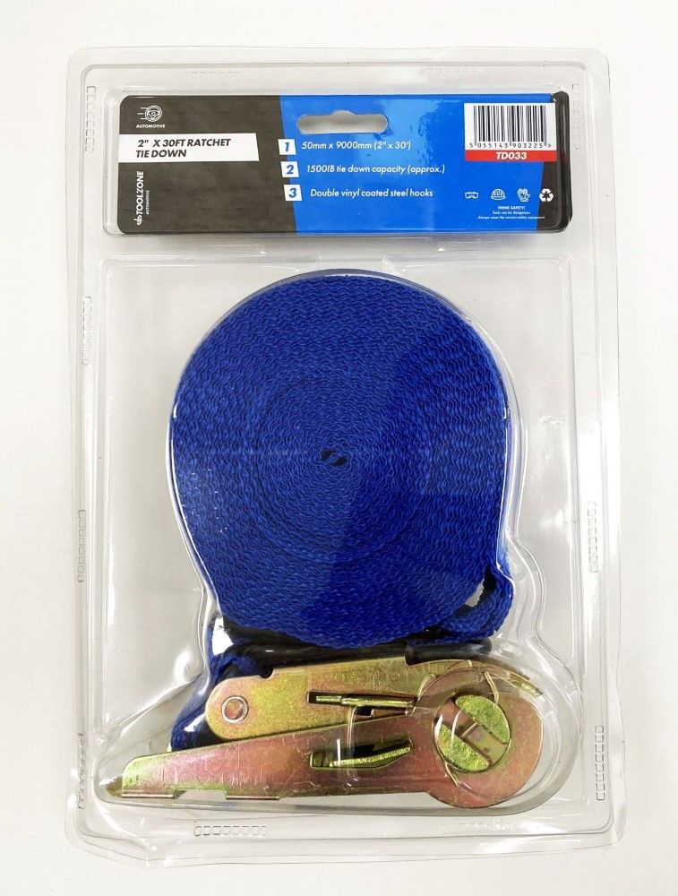 RATCHET TIE DOWN 2" x 30ft 1500lb CAPACITY - TOOLZONE KDPTD033
