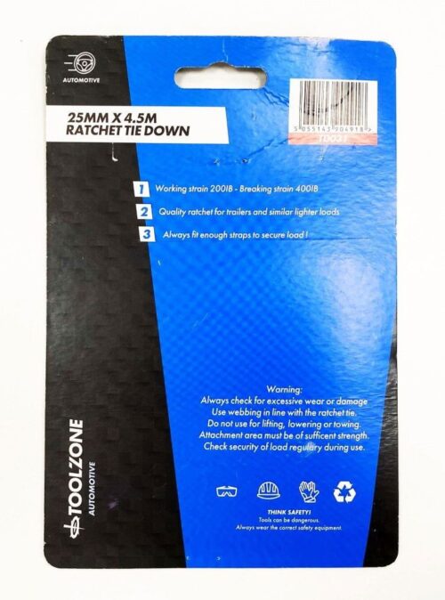 RATCHET TIE DOWN 25mm x 4.5m 100kg BREAKING STRENGTH – TOOLZONE KDPTD031