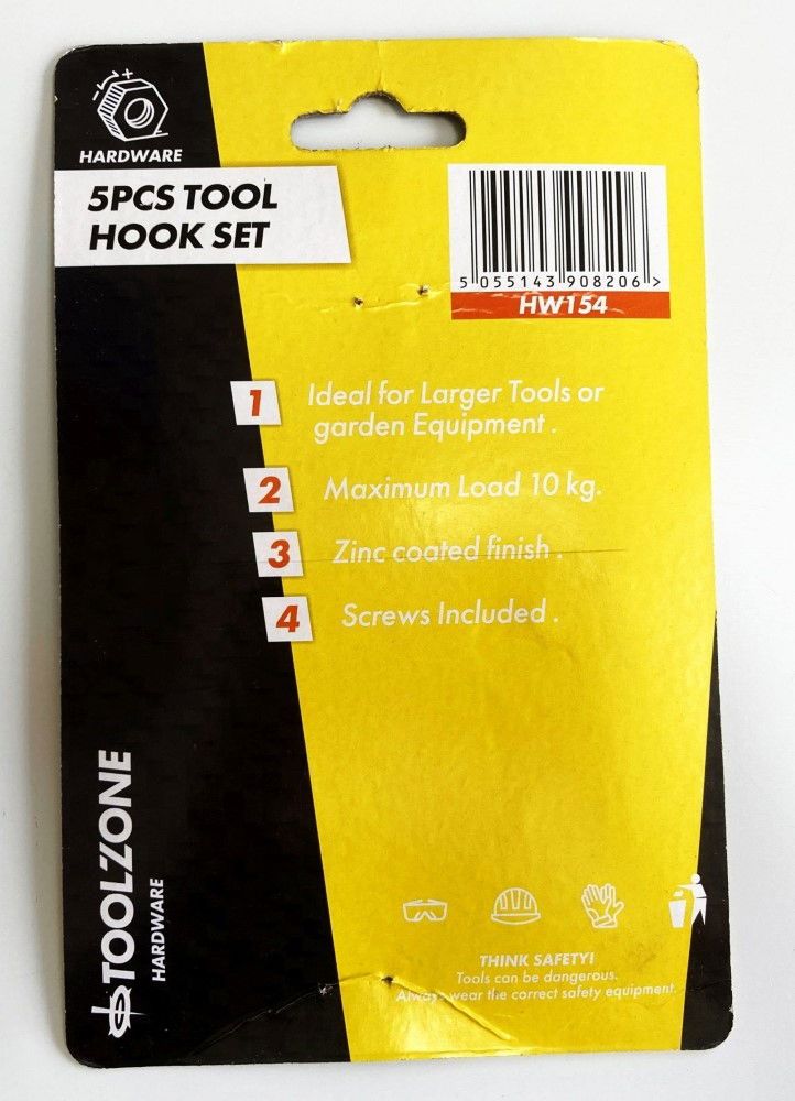 TOOL HOOK SET 5pc 75mm HEIGHT WITH FIXINGS - TOOLZONE KDPHW154 - Image 2