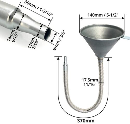 METAL FLEXIBLE SHAFT FUNNEL, MESH FILTER / 370MM LONG / BENDABLE