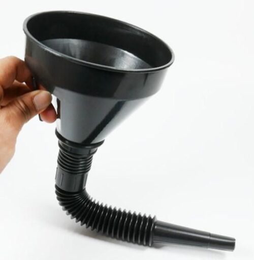 PLASTIC FLEXIBLE FUNNEL BLACK, 290MM LONG WITH FILTER MESH