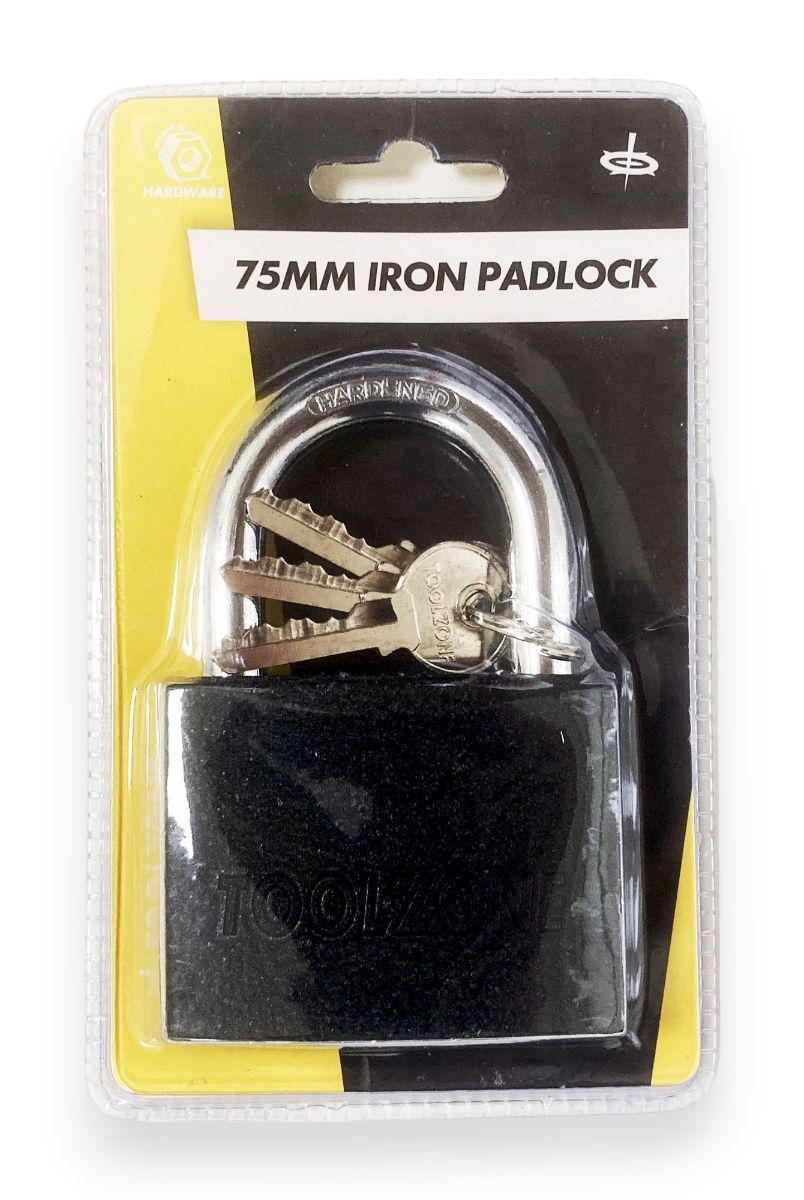 PADLOCK IRON 75mm HARDENED SHACKLE BRASS CORE WITH 3 KEYS - TOOLZONE KDPLK112 - Image 3