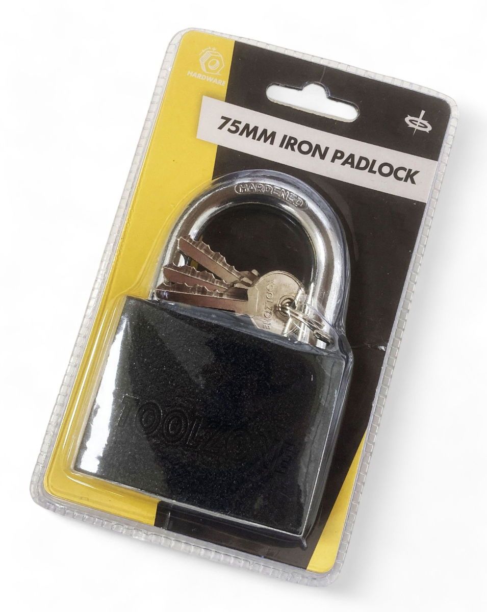 PADLOCK IRON 75mm HARDENED SHACKLE BRASS CORE WITH 3 KEYS - TOOLZONE KDPLK112 - Image 7