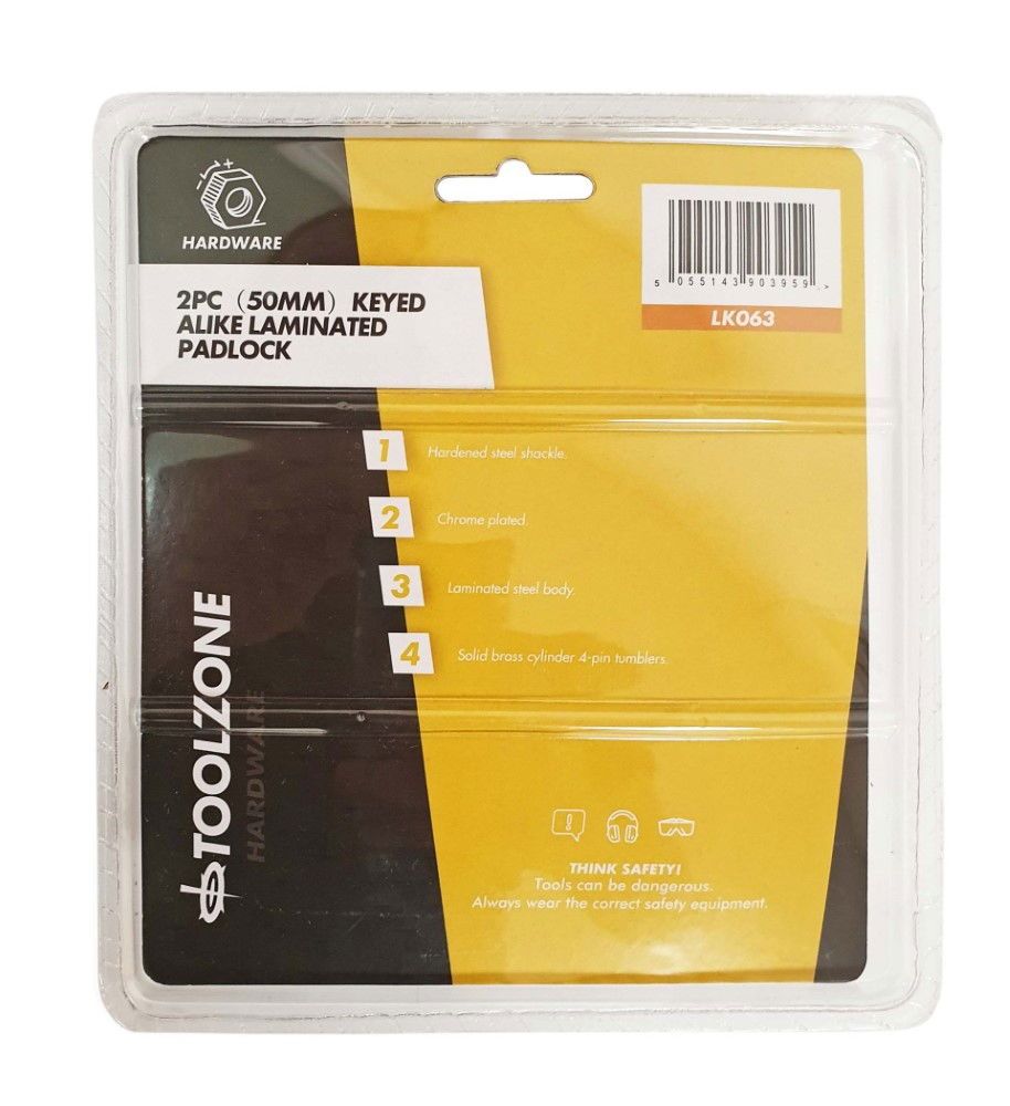 PADLOCK LAMINATED 50mm KEYED ALIKE PACK OF 2 - TOOLZONE KDPLK063 - Image 2