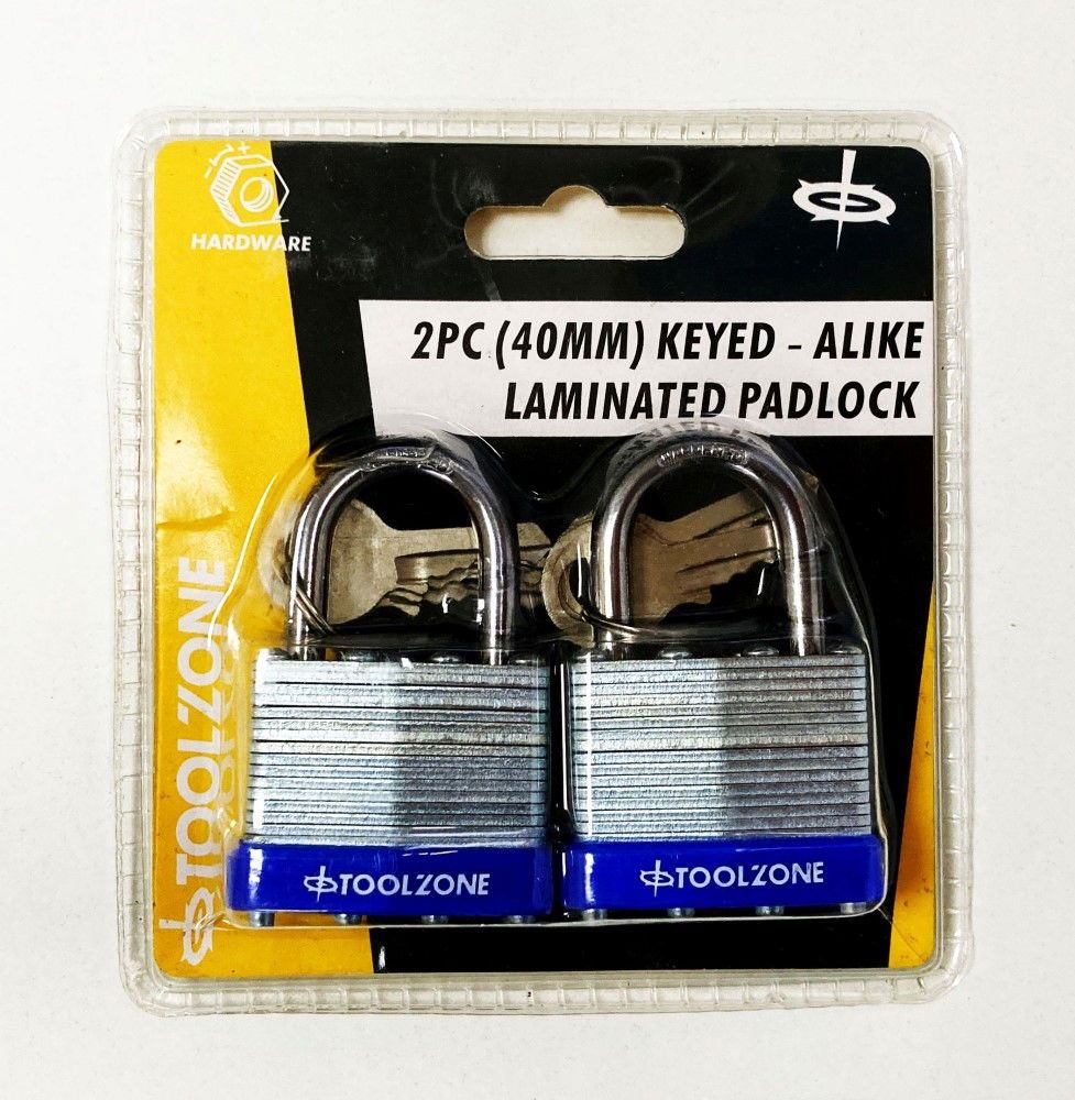 PADLOCK LAMINATED 40mm KEYED ALIKE PACK OF 2 - TOOLZONE KDPLK062