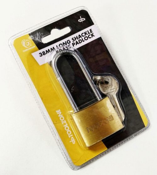 PADLOCK LONG SHANK BRASS 38mm 57mm SHACKLE WITH 3 KEYS – TOOLZONE KDPLK040