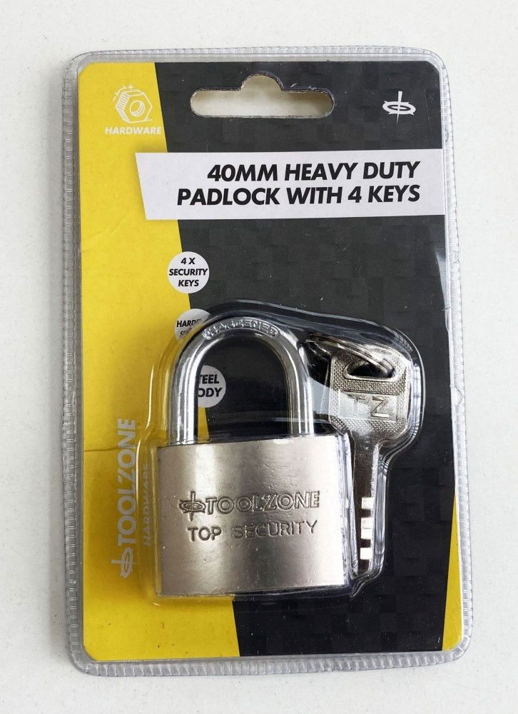 PADLOCK SECURITY 40mm SOLID STEEL WITH 4 KEYS - TOOLZONE KDPLK025 - Image 4