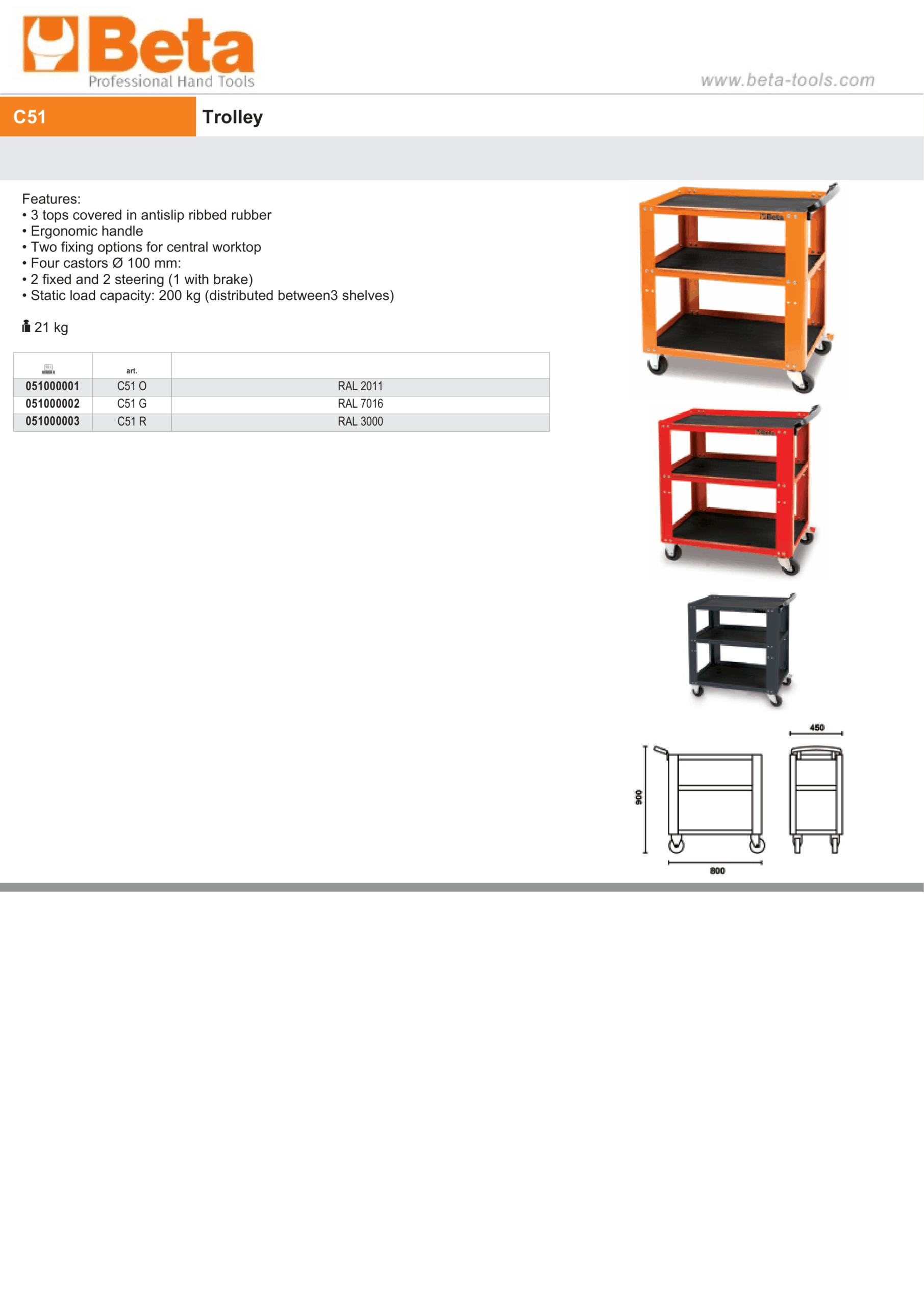 Trolley with 3 Antislip Rubber Tops, Ergonomic Handle, 4 Castors 100mm, 200kg Load Capacity - Beta Tools C51 O - Image 5