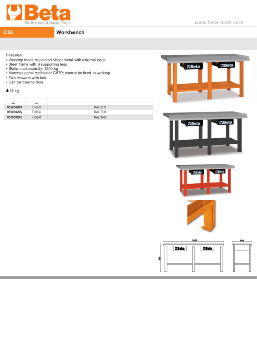 Workbench with Painted Sheet Metal Worktop, 1200kg Capacity, Lockable Drawers – Beta Tools C56-R