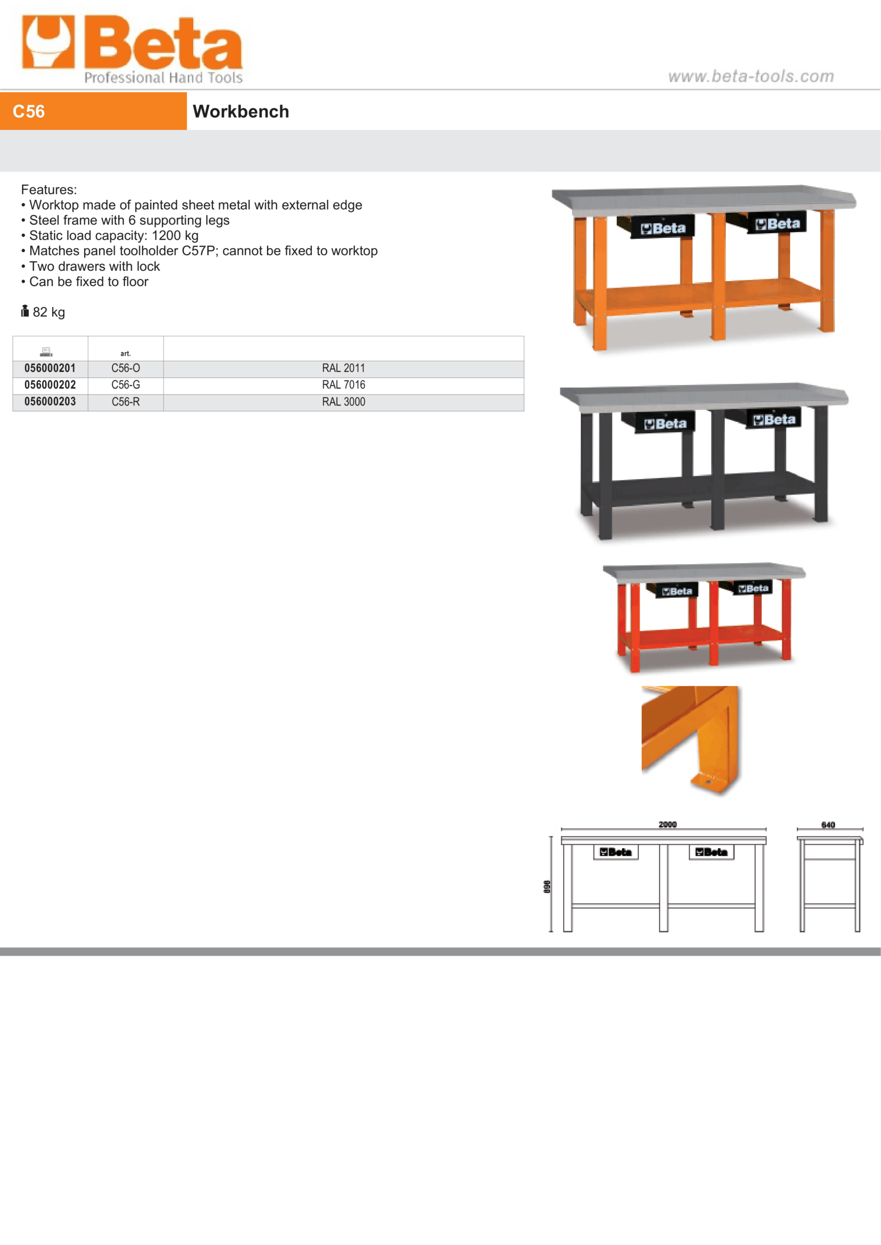 Workbench with Painted Sheet Metal Worktop, 1200kg Capacity, Lockable Drawers - Beta Tools C56-R