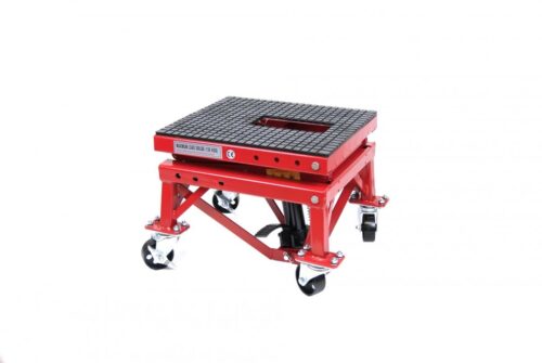 WHEEL ABOUT LIFT HDY 135KGS, RED HYDRAULIC SCISSOR STAND, MAX LIFT WEIGHT 135 KGS