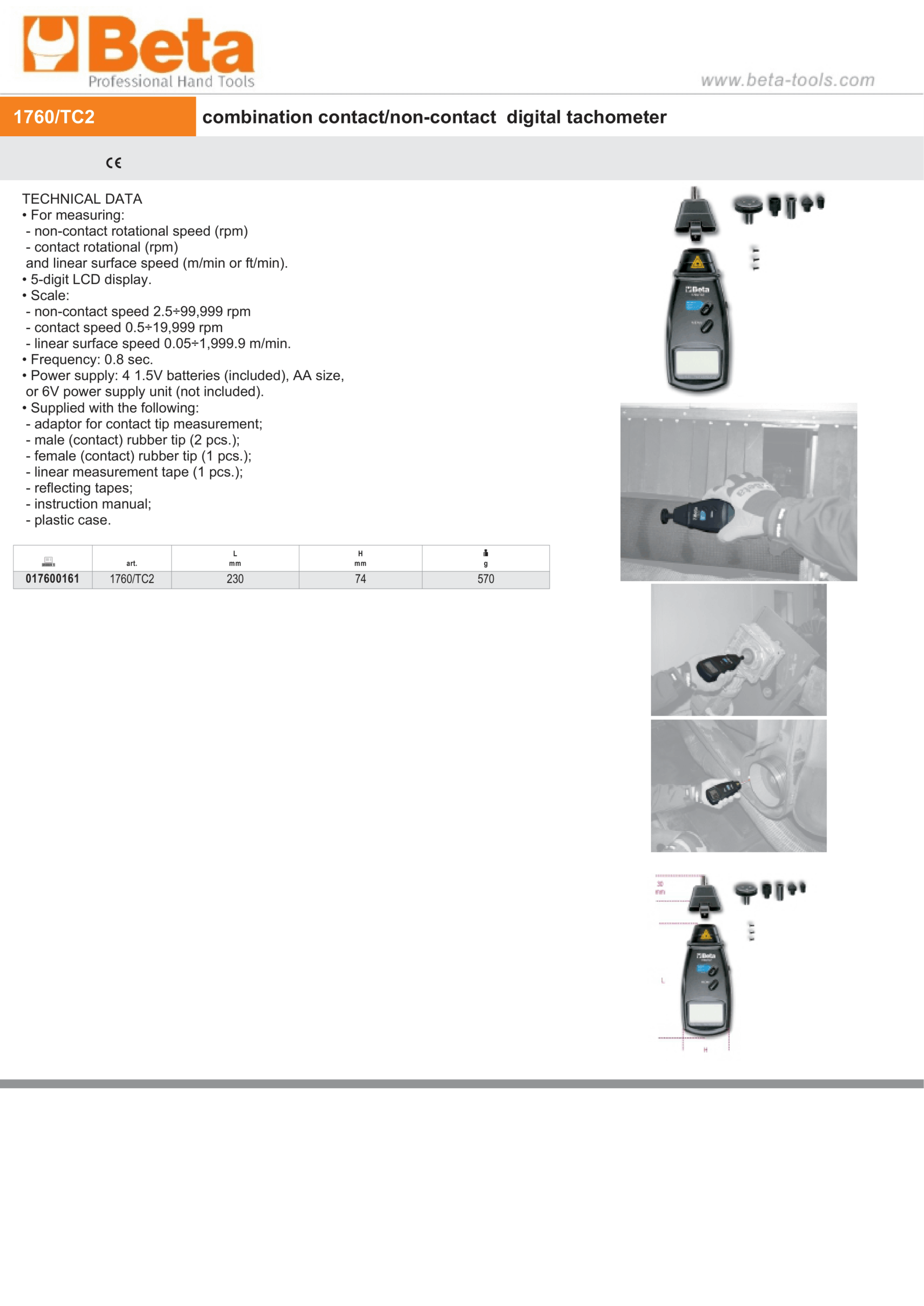 Combination Contact/Non-Contact Digital Tachometer 2.5-99,999 RPM 230mm - Beta Tools 1760/TC2 - Image 3