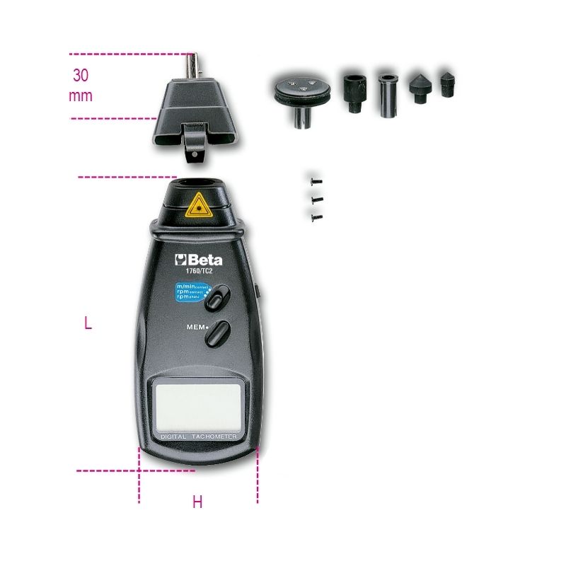 Combination Contact/Non-Contact Digital Tachometer 2.5-99,999 RPM 230mm - Beta Tools 1760/TC2 - Image 6