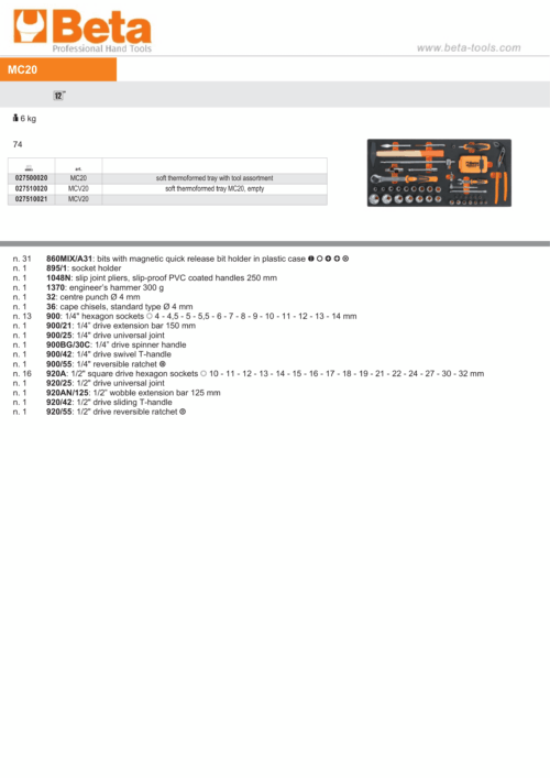 Soft Thermoformed Tray with Tool Assortment – Beta Tools MC20