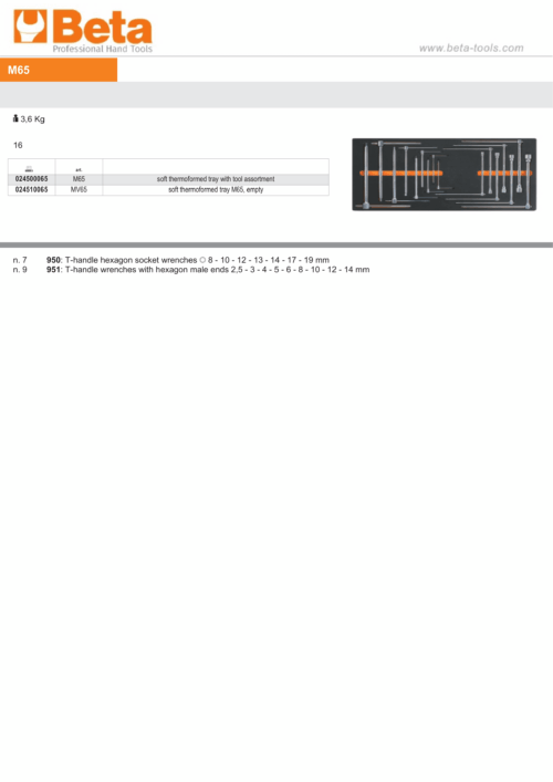 Soft Thermoformed Tray with Tool Assortment, Drawer Size 16 – Beta Tools M65