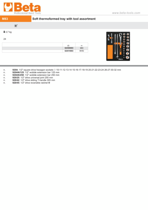 Soft Thermoformed Tray with Tool Assortment, Drawer Size 24 – Beta Tools M83