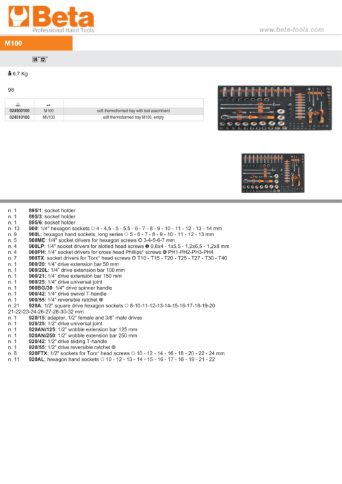 Soft Thermoformed Tray with Tool Assortment, Drawer Size 98 – Beta Tools M100
