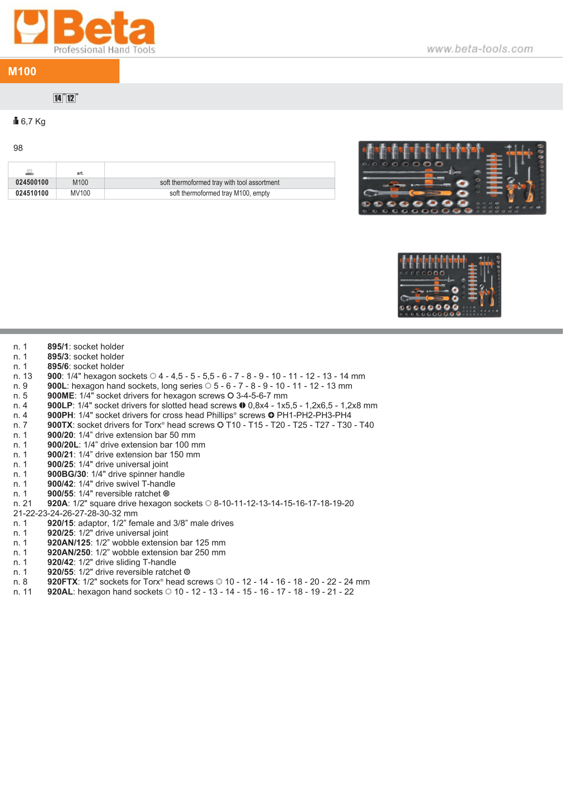 Soft Thermoformed Tray with Tool Assortment, Drawer Size 98 - Beta Tools M100
