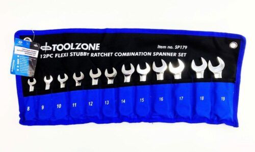 FLEXI STUBBY RATCHET COMBINATION SPANNER SET 12pc 8-19mm 72 TEETH CRV – TOOLZONE KDPSP179