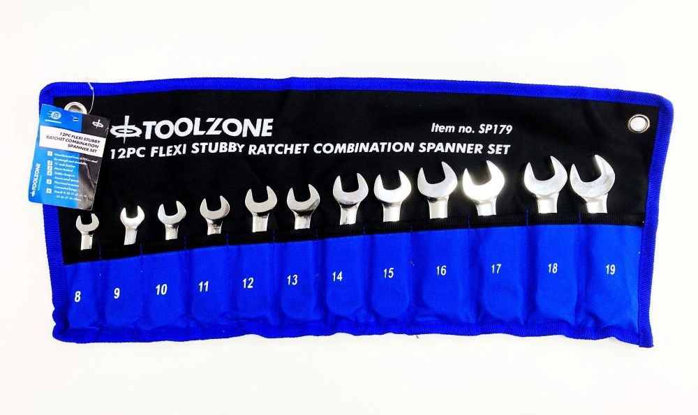 FLEXI STUBBY RATCHET COMBINATION SPANNER SET 12pc 8-19mm 72 TEETH CRV - TOOLZONE KDPSP179