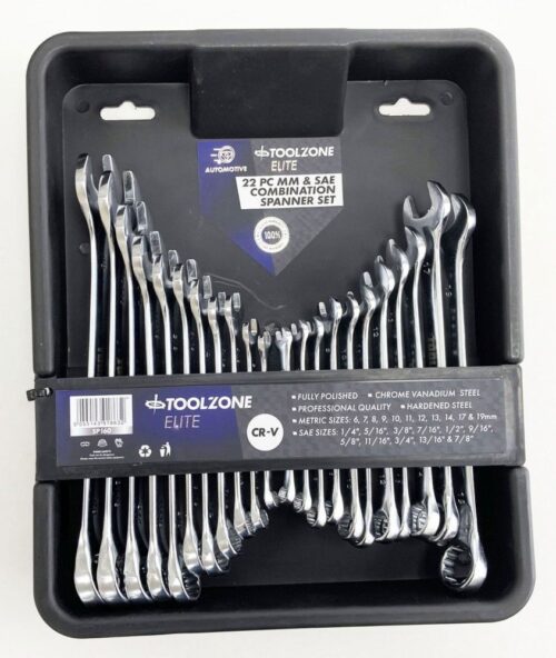 COMBINATION SPANNER SET 22pc METRIC/AF CHROME VANADIUM IN TRAY – TOOLZONE KDPSP160