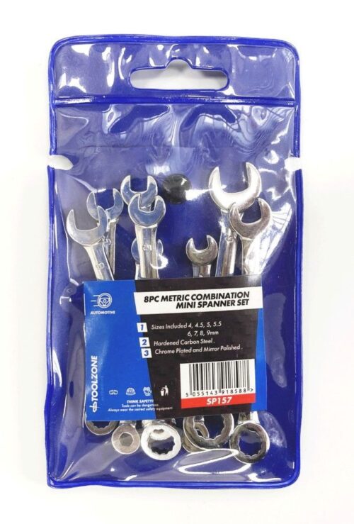 COMBINATION SPANNER SET 8pc MINI 4-9mm CARBON STEEL CHROME PLATED – TOOLZONE KDPSP157