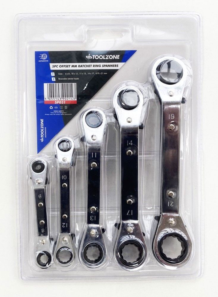 OFFSET RATCHET RING SPANNER SET 5PC 6x8mm TO 19x21mm - TOOLZONE KDPSP031 - Image 2