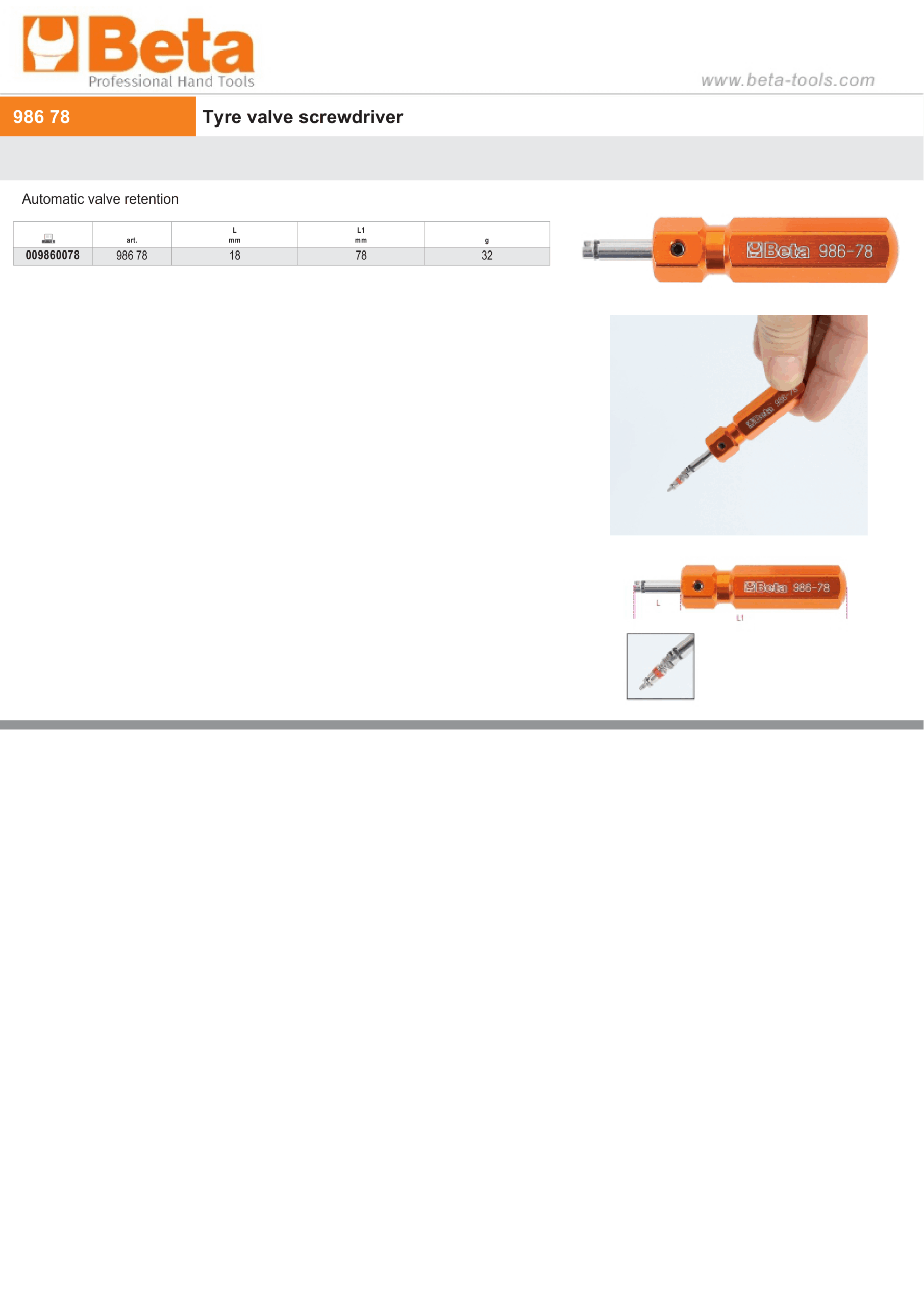 Tyre Valve Screwdriver 18mm - Beta Tools 986 78