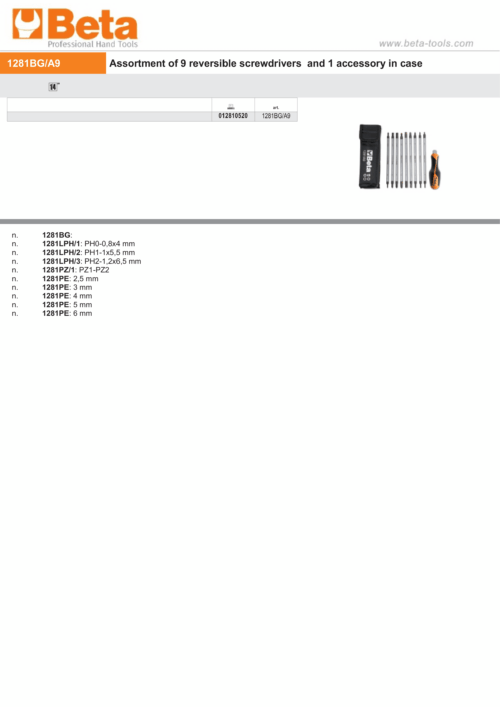 9 Reversible Screwdrivers 1 Accessory in Case – Beta Tools 1281BG/A9