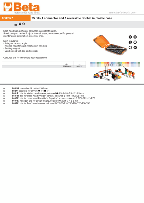 25 Bits, 1 Connector, Reversible Ratchet in Plastic Case – Beta Tools 860/C27