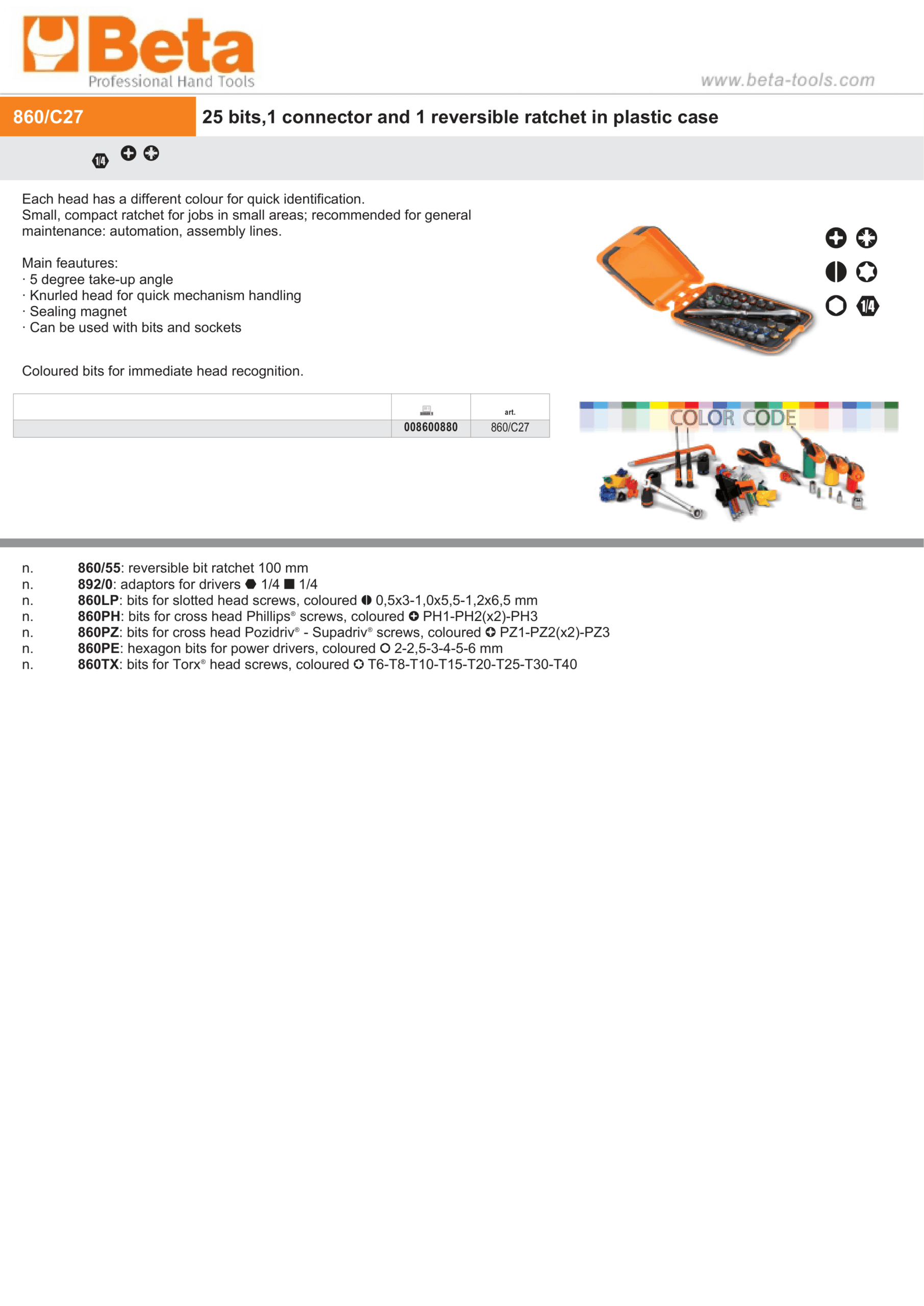 25 Bits, 1 Connector, Reversible Ratchet in Plastic Case – Beta Tools 860/C27