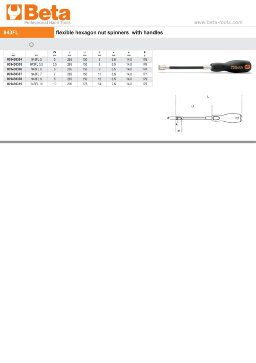 Flexible Hexagon Nut Spinner with Handle 7mm – Beta Tools 943FL 7